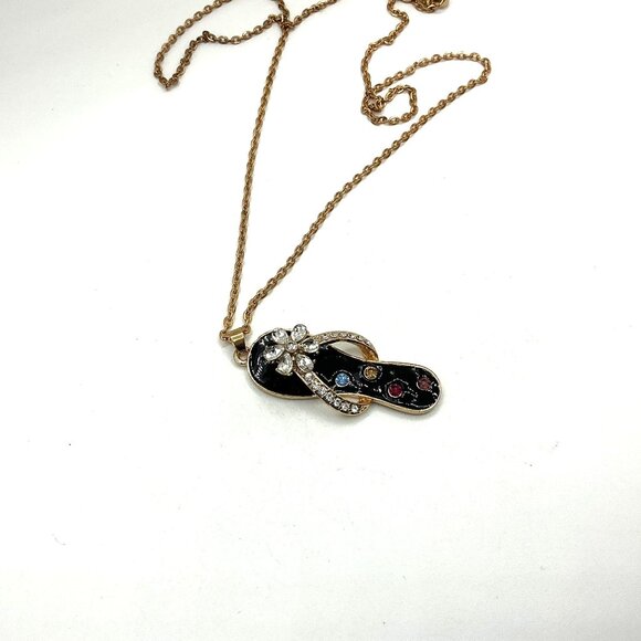 Gold-Tone Pendant Necklace With Rhinestone Black Flip Flop Charm and Adjustable - Picture 4 of 6